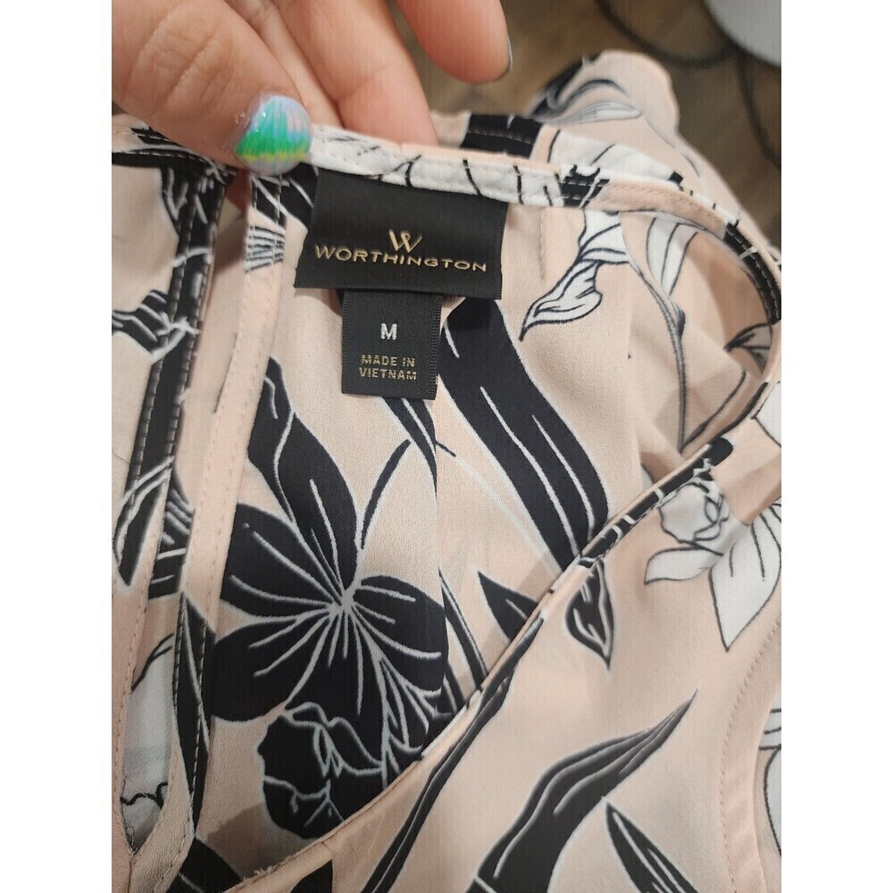 WORTHINGTON Women’s Sz M Floral Polyester Sheer Pleated Button Tank Top - Picture 4 of 5